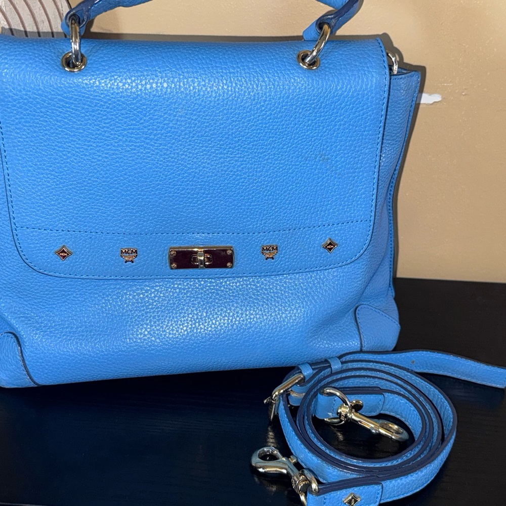 MCM Bright Blue Pebbled Leather Top-Handle Satchel with Detachable Strap